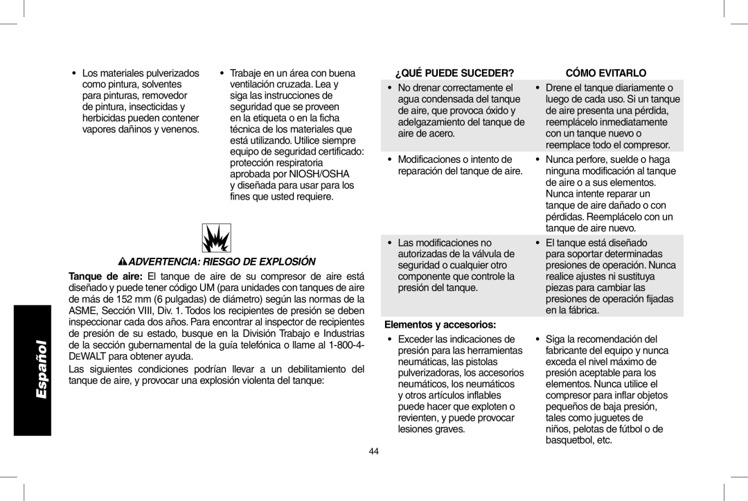 DeWalt D55146R instruction manual Advertencia Riesgo DE Explosión, Elementos y accesorios 