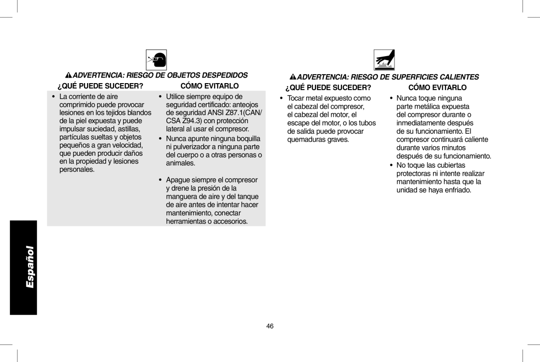 DeWalt D55146R instruction manual Advertencia Riesgo DE Objetos Despedidos, Advertencia Riesgo DE Superficies Calientes 