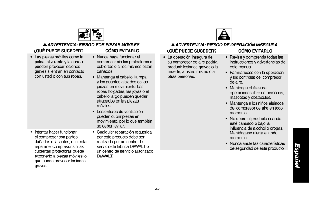 DeWalt D55146R instruction manual Advertencia Riesgo POR Piezas Móviles, ¿QUÉ Puede SUCEDER? Cómo Evitarlo 