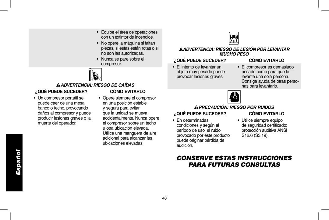 DeWalt D55146R Conserve Estas Instrucciones Para Futuras Consultas, Advertencia Riesgo DE Lesión POR Levantar Mucho Peso 