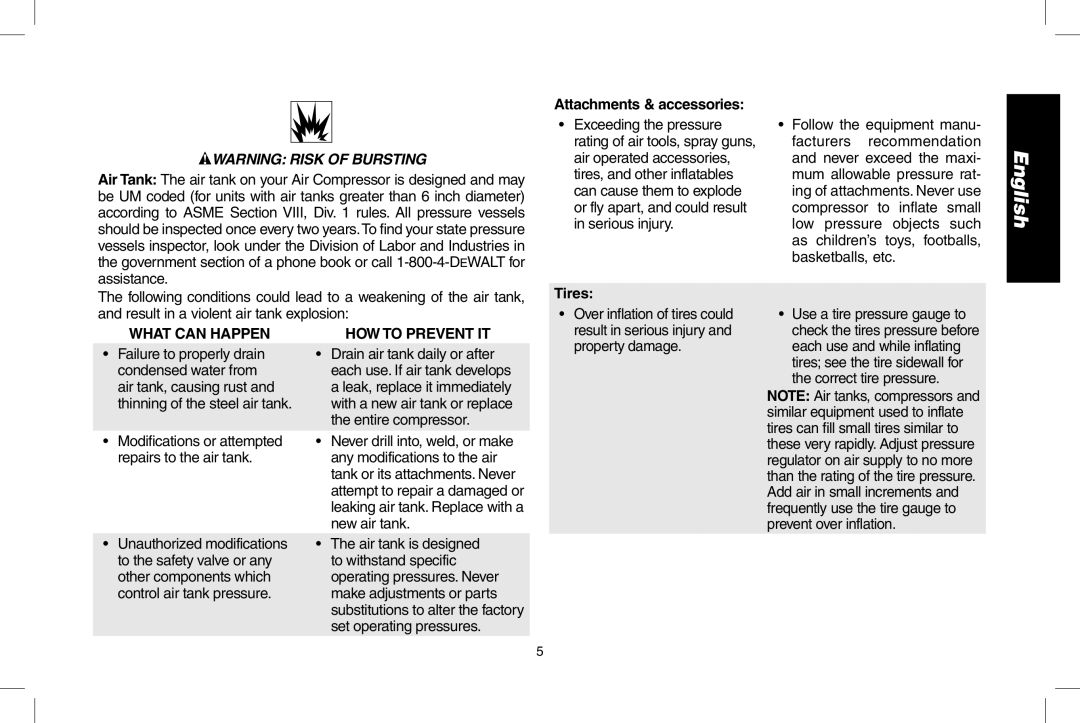 DeWalt D55146R instruction manual Attachments & accessories, Tires, Property damage, Correct tire pressure 