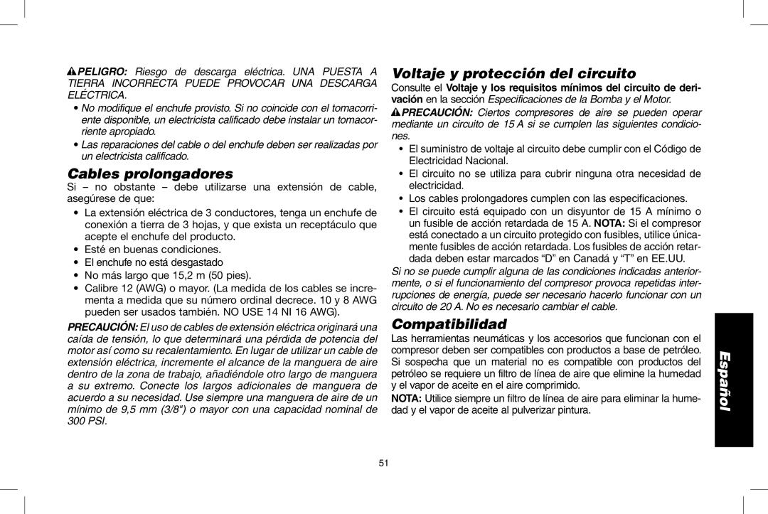 DeWalt D55146R instruction manual Cables prolongadores, Voltaje y protección del circuito, Compatibilidad 