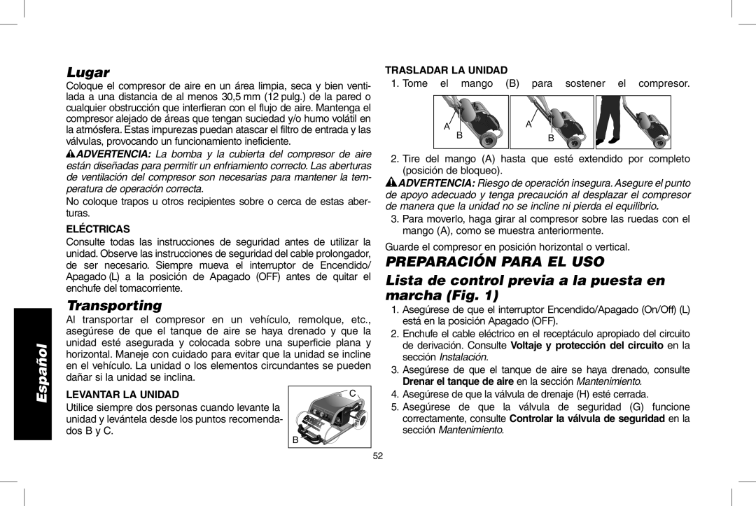 DeWalt D55146R instruction manual Lugar, Preparación Para EL USO, Lista de control previa a la puesta en marcha Fig 