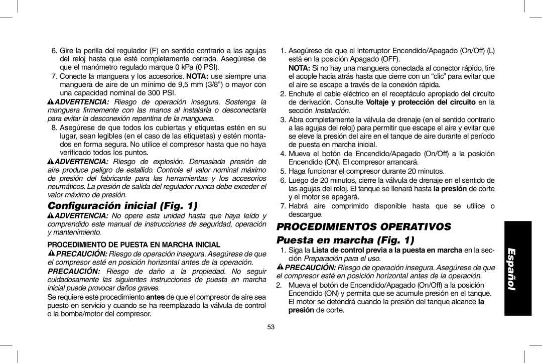 DeWalt D55146R instruction manual Conﬁguración inicial Fig, Procedimientos Operativos Puesta en marcha Fig 