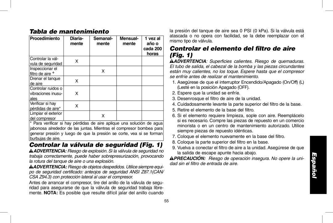 DeWalt D55146R Tabla de mantenimiento, Controlar la válvula de seguridad Fig, Controlar el elemento del ﬁltro de aire Fig 