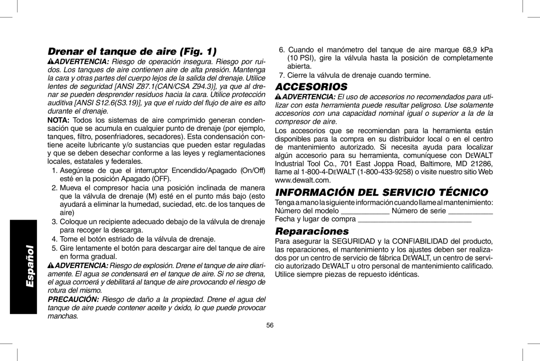 DeWalt D55146R instruction manual Drenar el tanque de aire Fig, Accesorios, Información DEL Servicio Técnico, Reparaciones 