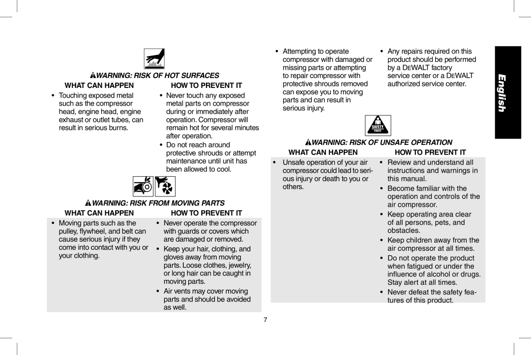 DeWalt D55146R Attempting to operate, To repair compressor with, Can expose you to moving, Never touch any exposed 