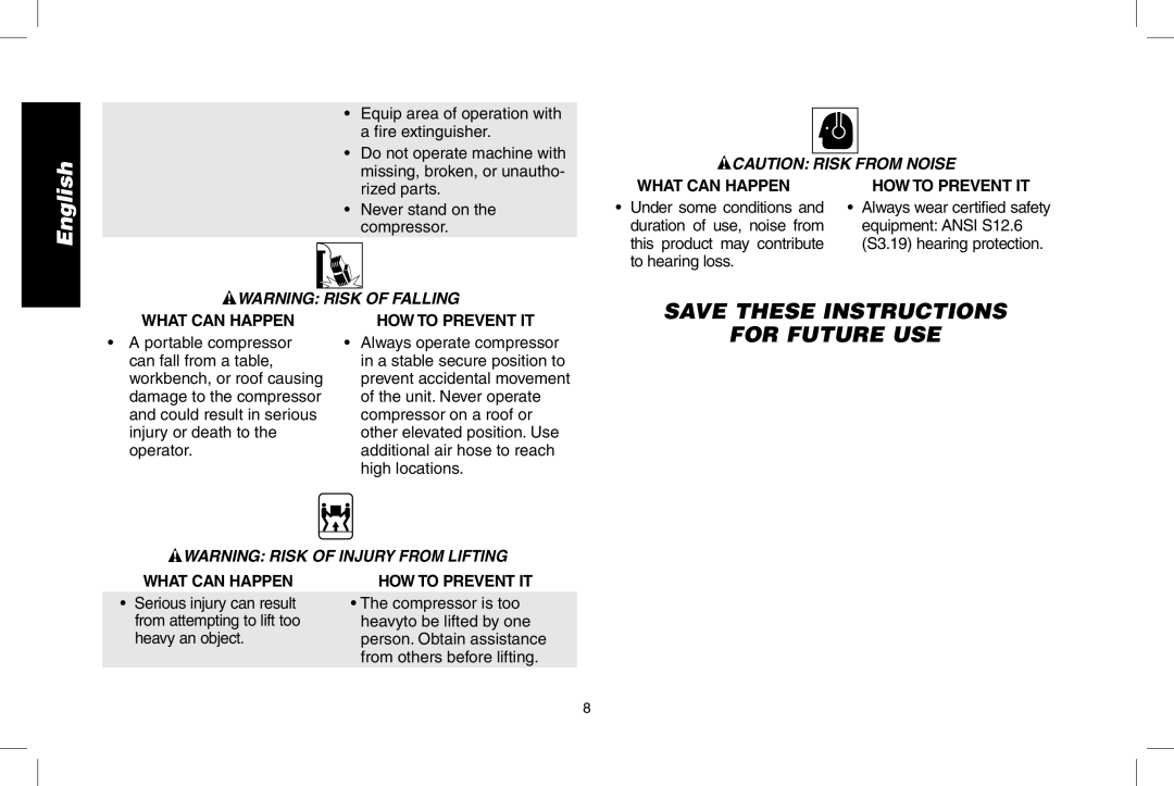 DeWalt D55146R instruction manual For Future USE, Rized parts, Never stand on, Compressor 