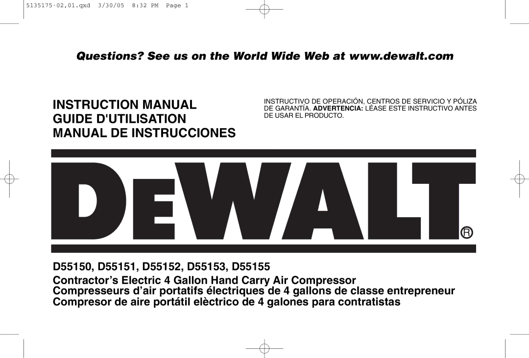 DeWalt D55153R instruction manual Guide Dutilisation Manual DE Instrucciones 