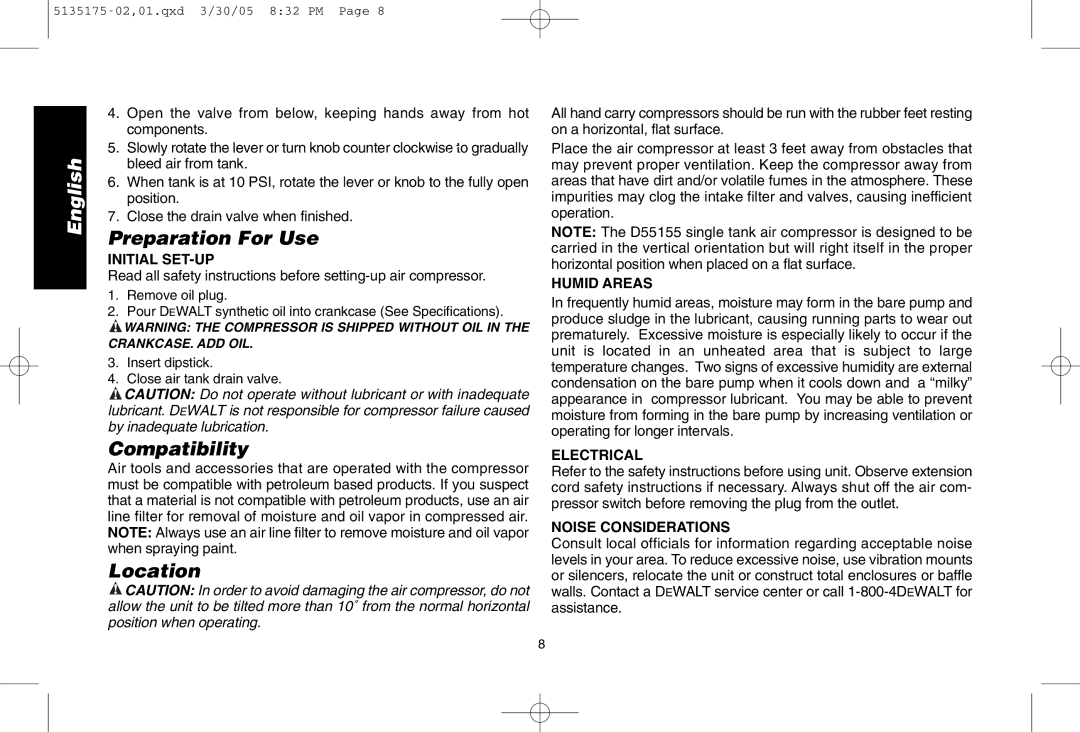 DeWalt D55153R instruction manual Preparation For Use, Compatibility, Location 