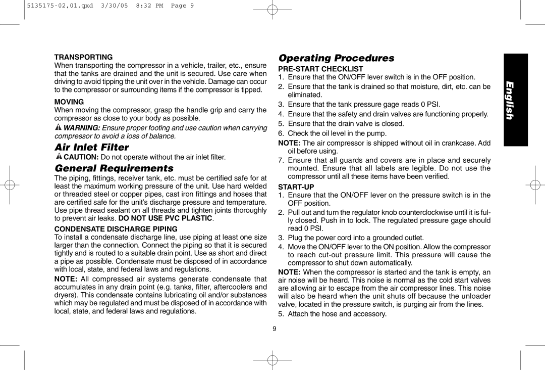 DeWalt D55153R instruction manual Air Inlet Filter General Requirements, Operating Procedures 