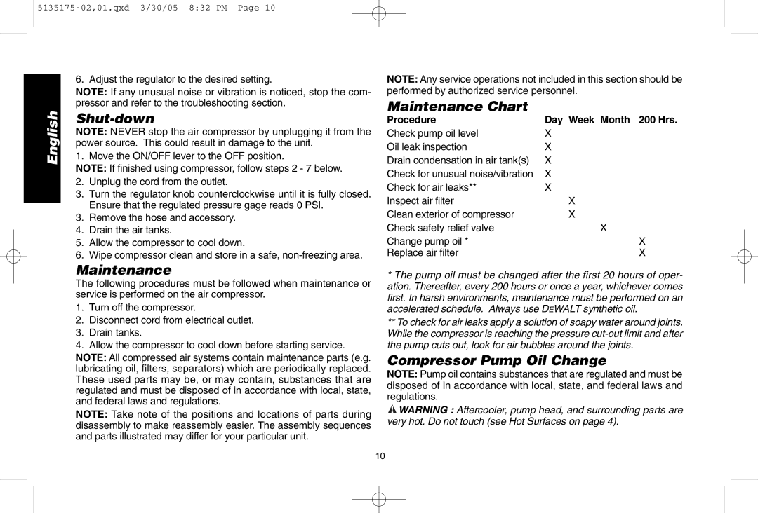 DeWalt D55153R instruction manual Shut-down, Maintenance Chart, Compressor Pump Oil Change 