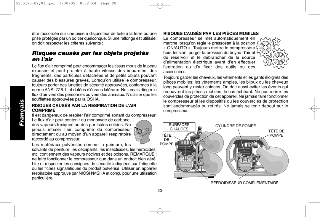 DeWalt D55153R Risques causés par les objets projetés en lair, Risques Causés PAR LA Respiration DE L’AIR Comprimé 