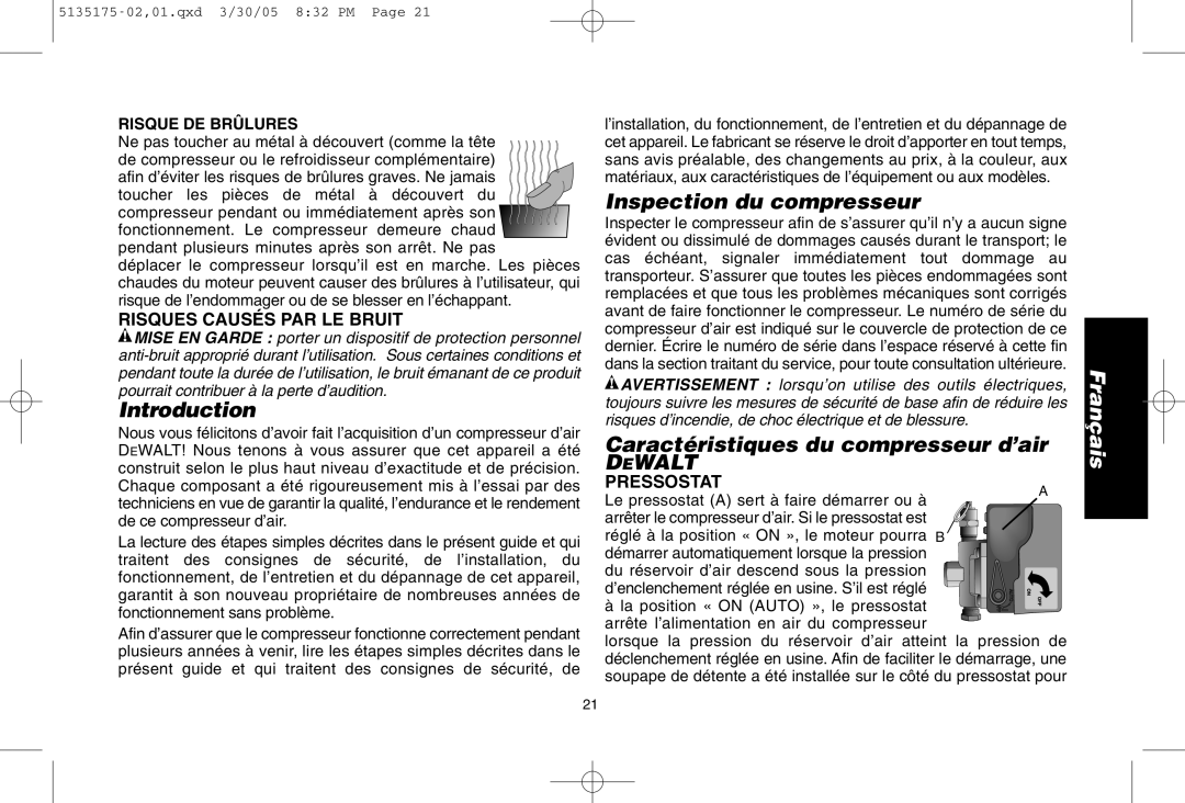 DeWalt D55153R instruction manual Inspection du compresseur, Caractéristiques du compresseur d’air, Risque DE Brûlures 