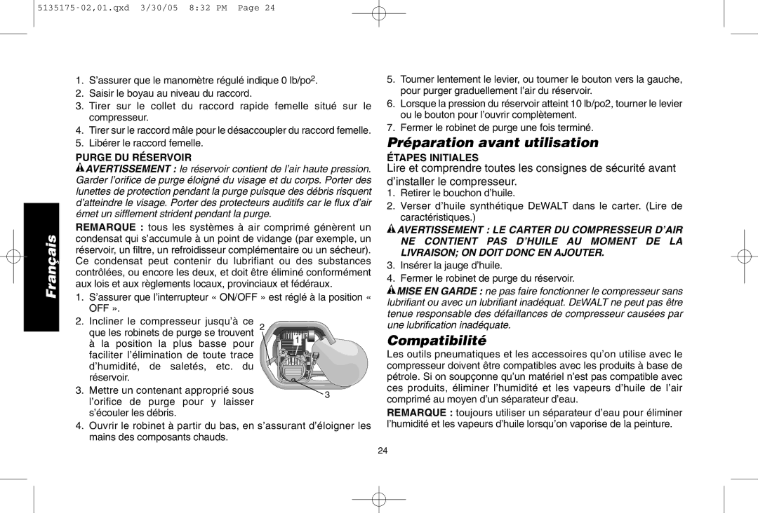 DeWalt D55153R instruction manual Préparation avant utilisation, Compatibilité, Purge DU Réservoir, Étapes Initiales 