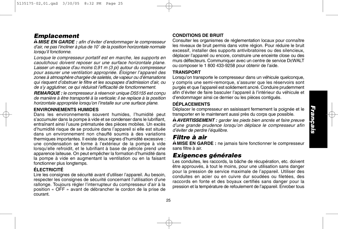 DeWalt D55153R instruction manual Emplacement, Filtre à air, Exigences générales 