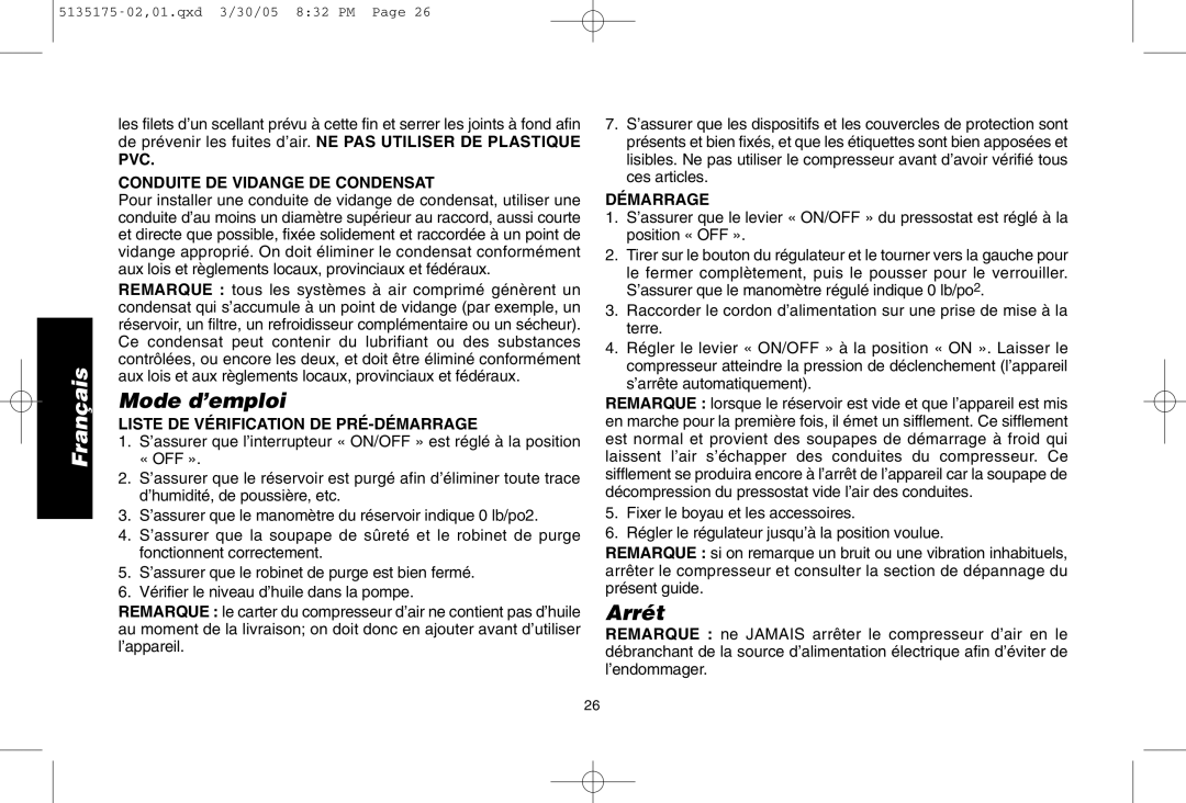 DeWalt D55153R Mode d’emploi, Arrét, PVC Conduite DE Vidange DE Condensat, Liste DE Vérification DE PRÉ-DÉMARRAGE 