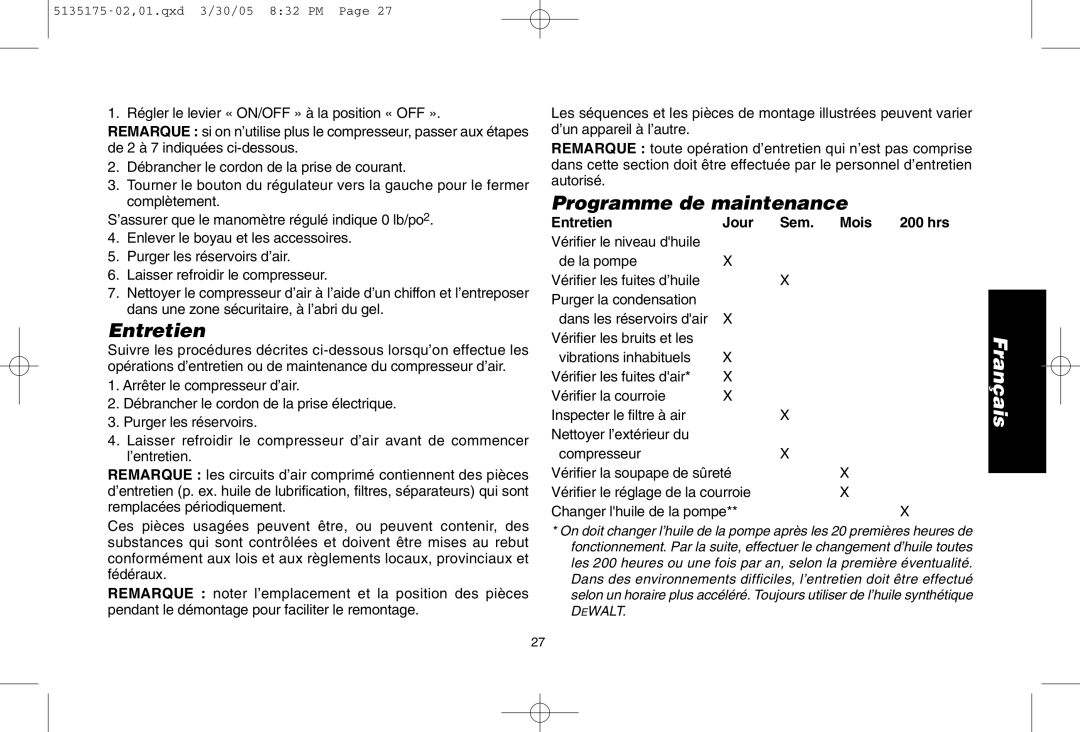 DeWalt D55153R instruction manual Entretien, Programme de maintenance 