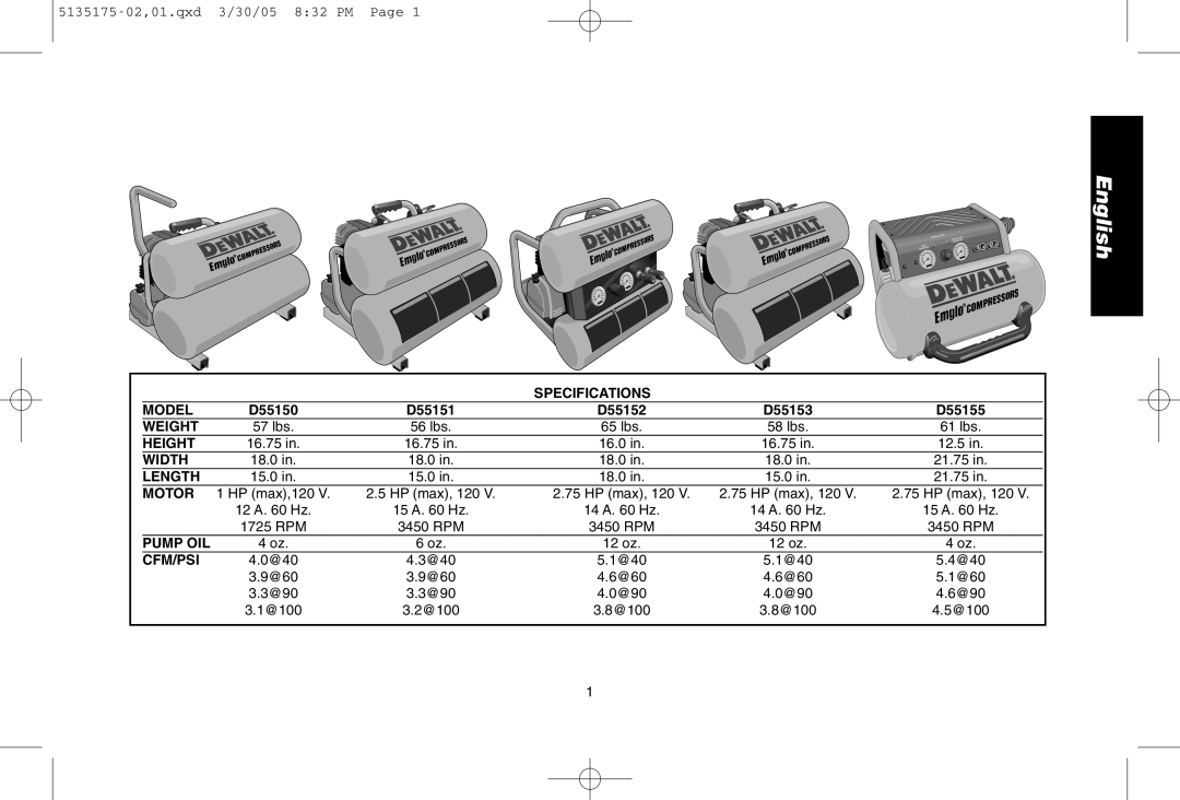 DeWalt D55153R instruction manual Specifications Model 