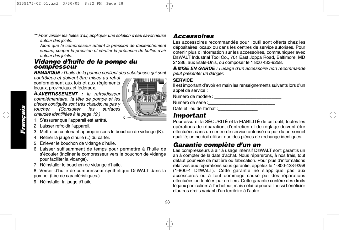 DeWalt D55153R instruction manual Vidange d’huile de la pompe du compresseur, Accessoires, Garantie complète d’un an 