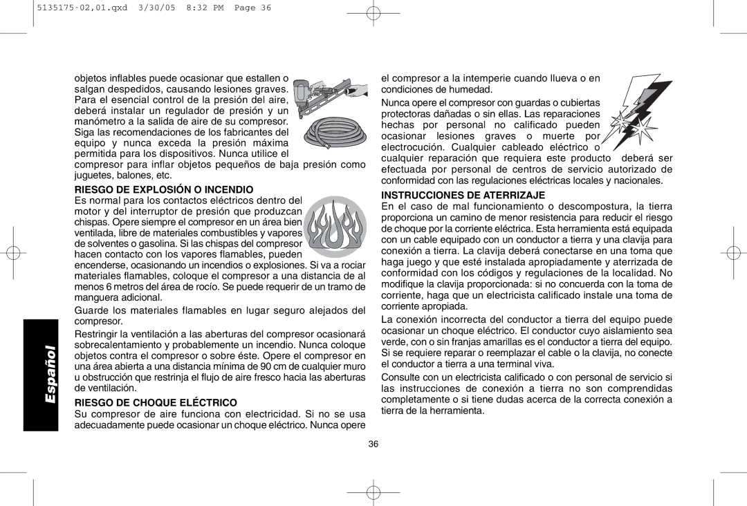 DeWalt D55153R instruction manual Riesgo DE Explosión O Incendio, Riesgo DE Choque Eléctrico, Instrucciones DE Aterrizaje 