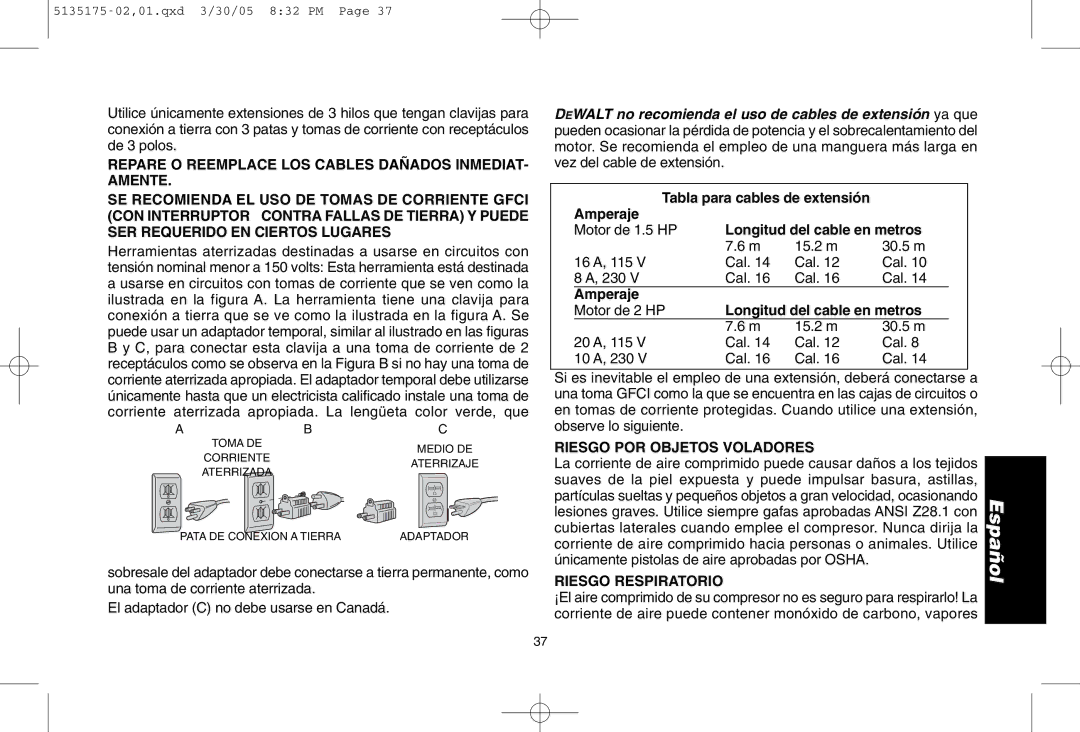 DeWalt D55153R instruction manual Riesgo POR Objetos Voladores, Riesgo Respiratorio 