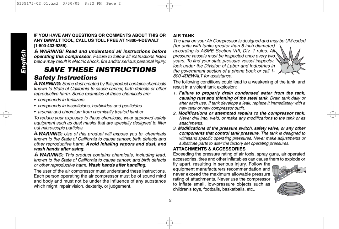 DeWalt D55153R instruction manual Safety Instructions, AIR Tank, Attachments & Accessories 