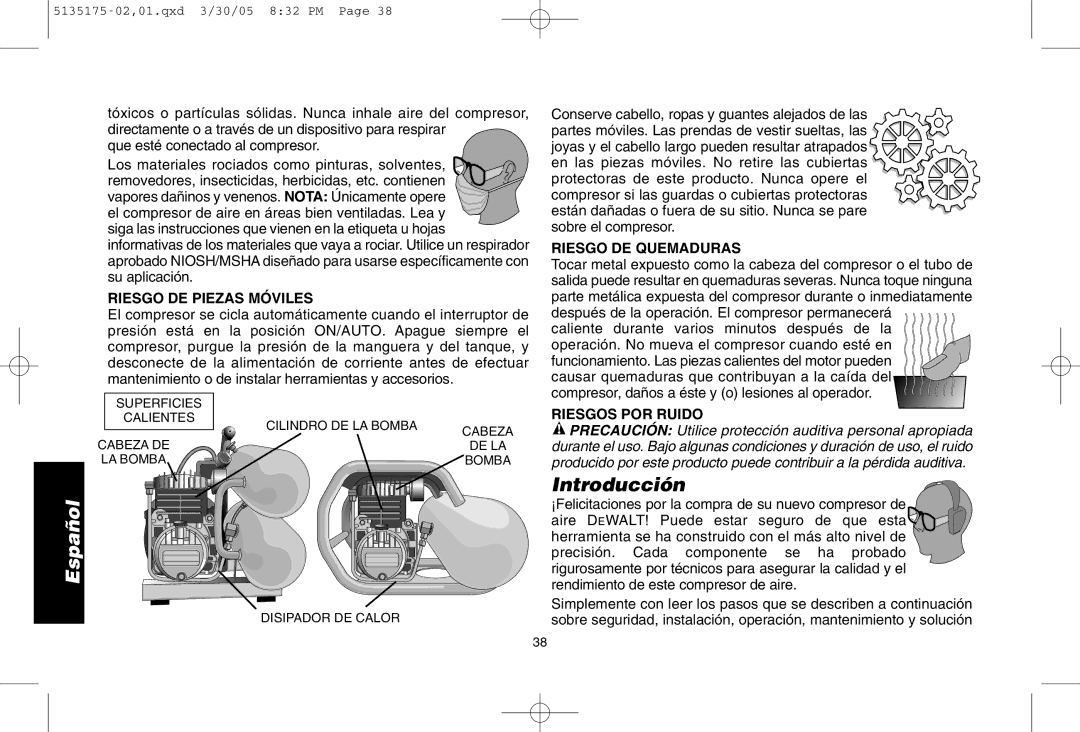 DeWalt D55153R instruction manual Introducción, Riesgo DE Piezas Móviles, Riesgo DE Quemaduras, Riesgos POR Ruido 