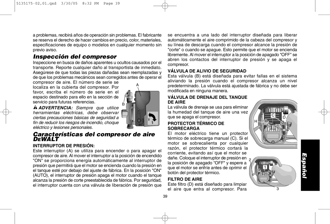 DeWalt D55153R instruction manual Inspección del compresor, Características del compresor de aire 