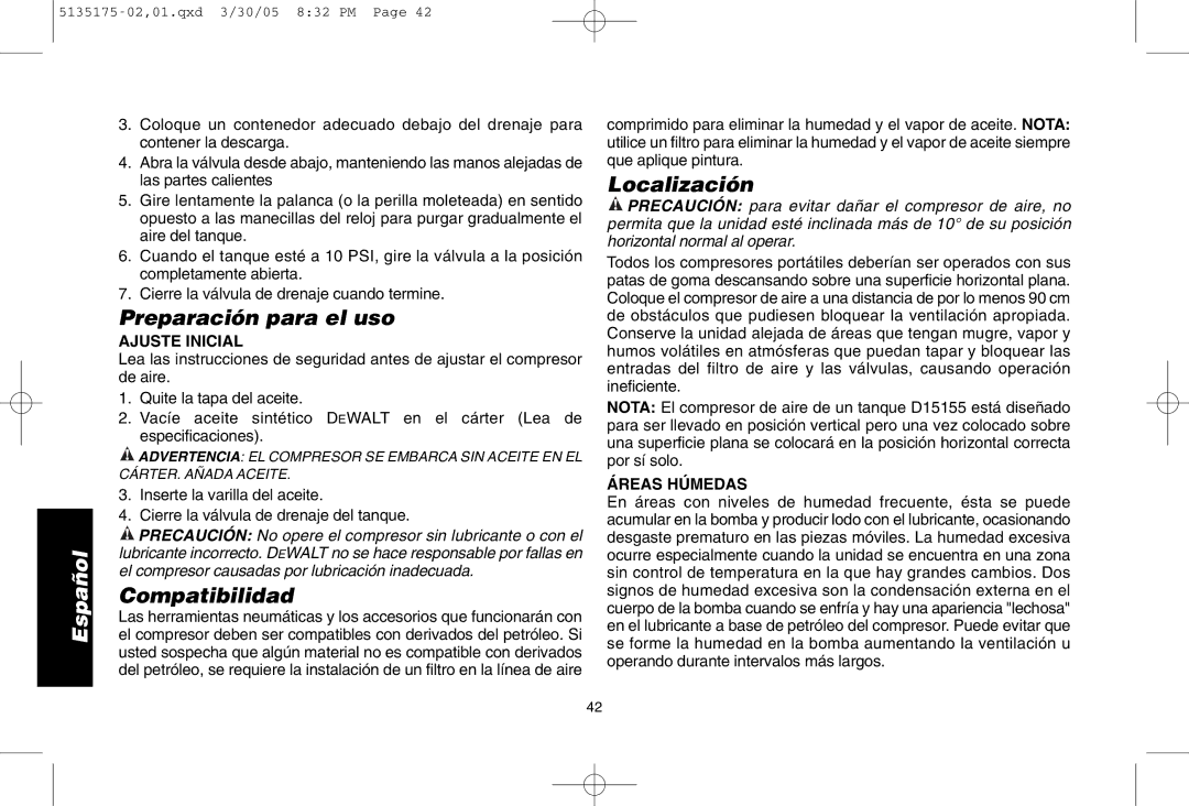 DeWalt D55153R instruction manual Preparación para el uso, Compatibilidad, Localización, Ajuste Inicial, Áreas Húmedas 