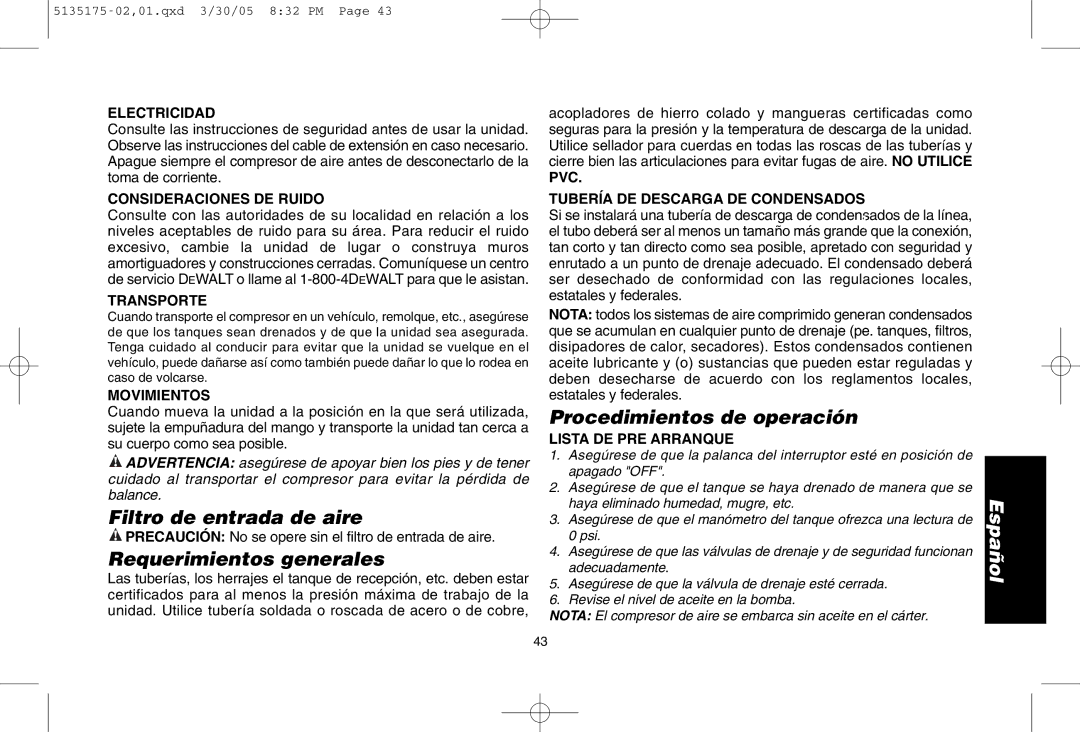 DeWalt D55153R instruction manual Filtro de entrada de aire, Requerimientos generales, Procedimientos de operación 