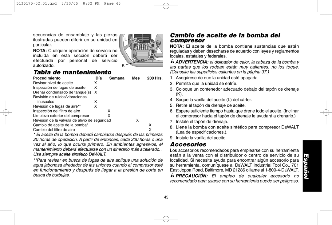 DeWalt D55153R instruction manual Cambio de aceite de la bomba del compresor, Tabla de mantenimiento, Accesorios 