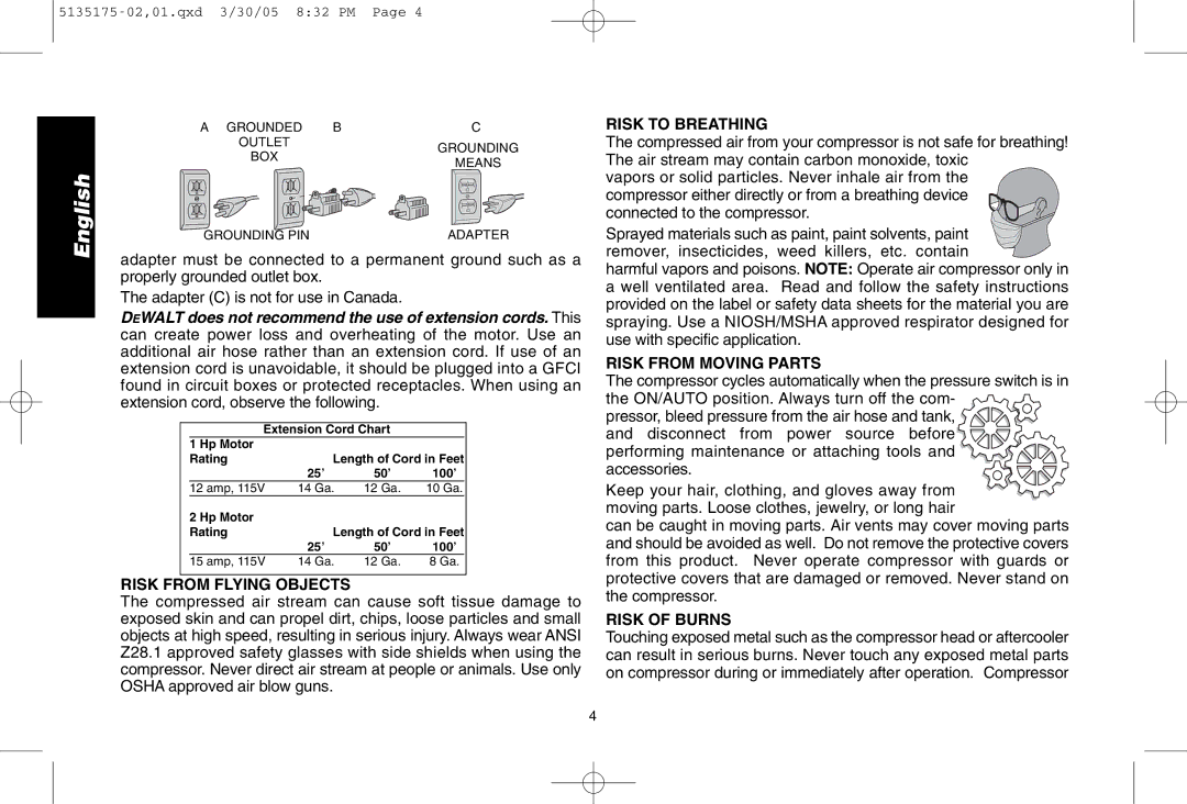 DeWalt D55153R instruction manual Risk from Flying Objects, Risk to Breathing, Risk from Moving Parts, Risk of Burns 