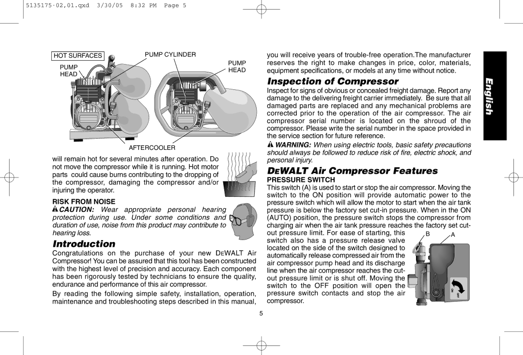 DeWalt D55153R Inspection of Compressor, Introduction, Dewalt Air Compressor Features, Risk from Noise, Pressure Switch 