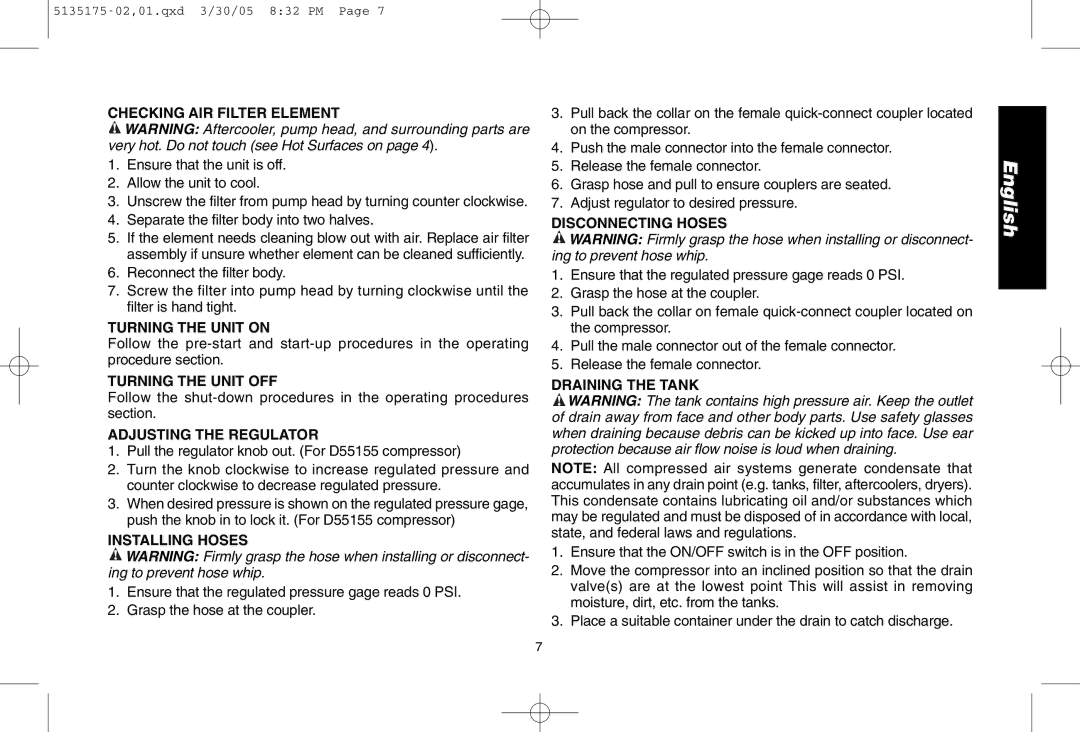 DeWalt D55153R Checking AIR Filter Element, Turning the Unit on, Turning the Unit OFF, Adjusting the Regulator 