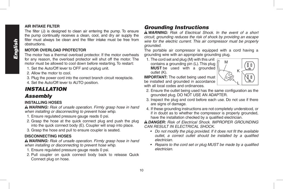 DeWalt D55167 instruction manual Grounding Instructions, Assembly, AIR Intake Filter 