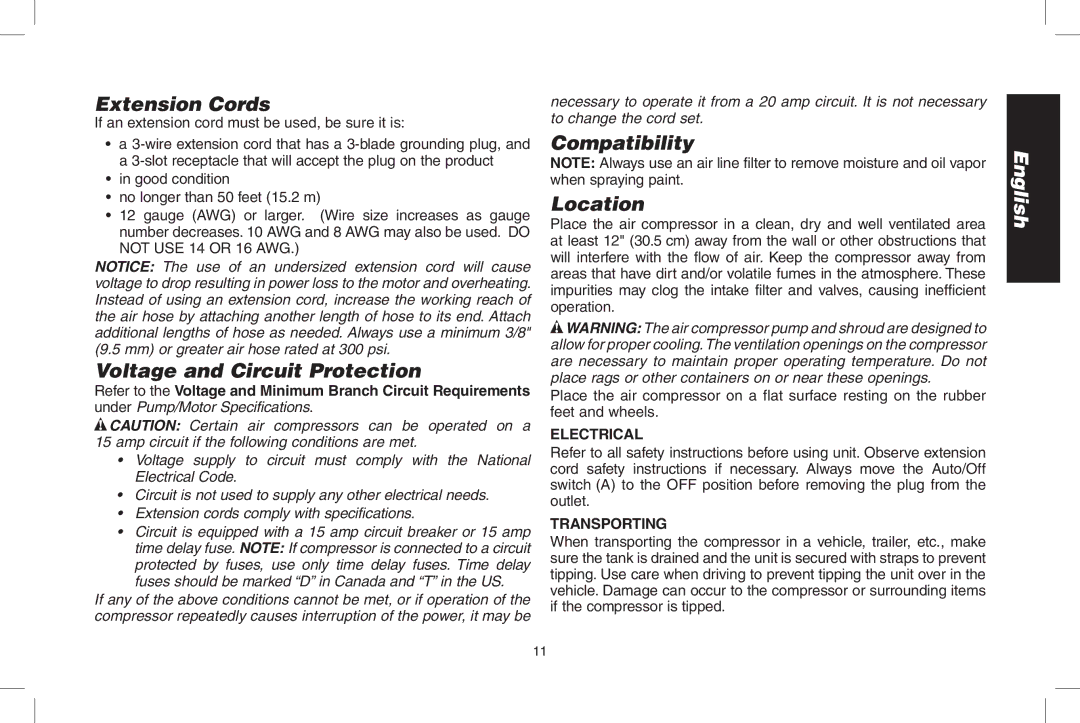 DeWalt D55167 Extension Cords, Voltage and Circuit Protection, Compatibility Location, Electrical, Transporting 