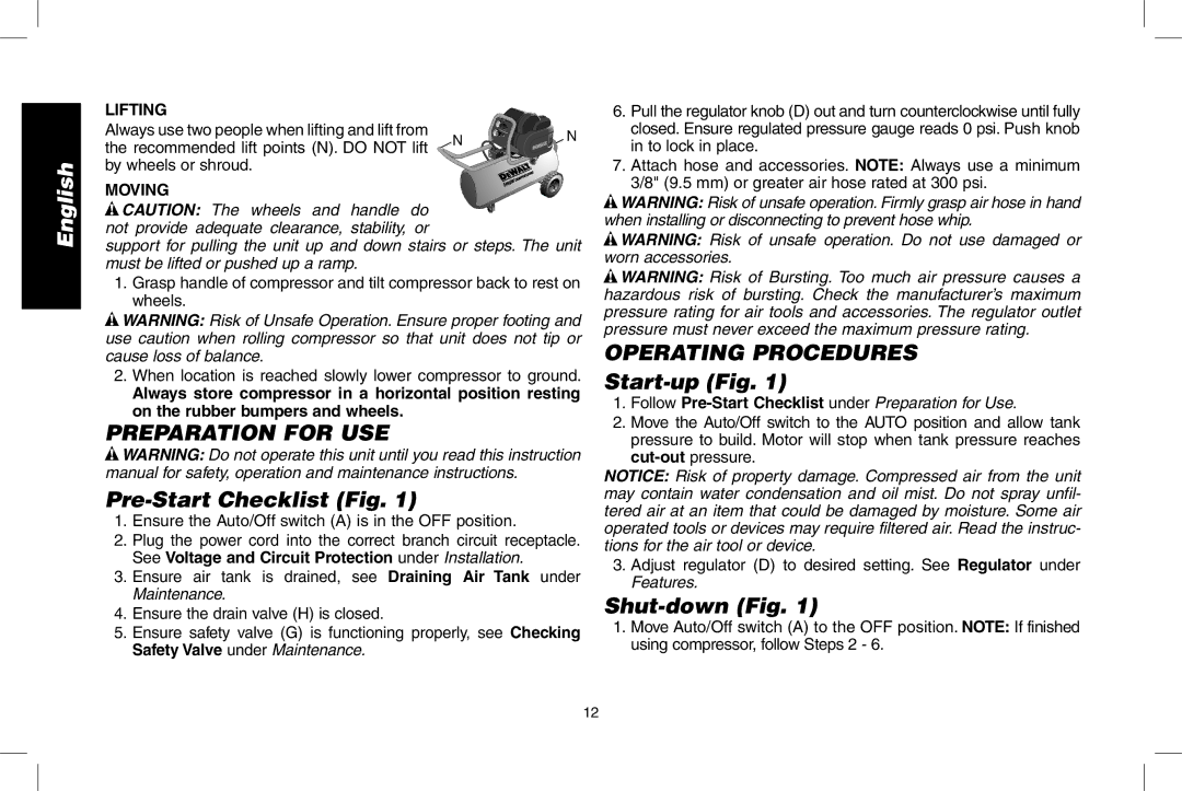 DeWalt D55167 Preparation For Use Pre-Start Checklist Fig, Operating Procedures Start-up Fig, Shut-down Fig 