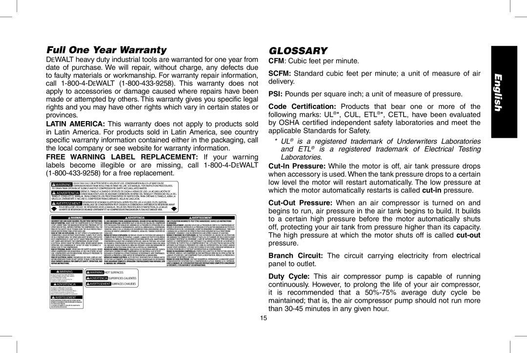 DeWalt D55167 instruction manual Full One Year Warranty, Glossary 