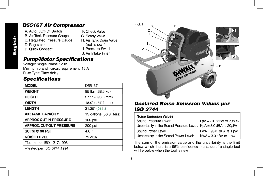 DeWalt instruction manual D55167 Air Compressor, Pump/Motor Specifications, Declared Noise Emission Values per ISO 