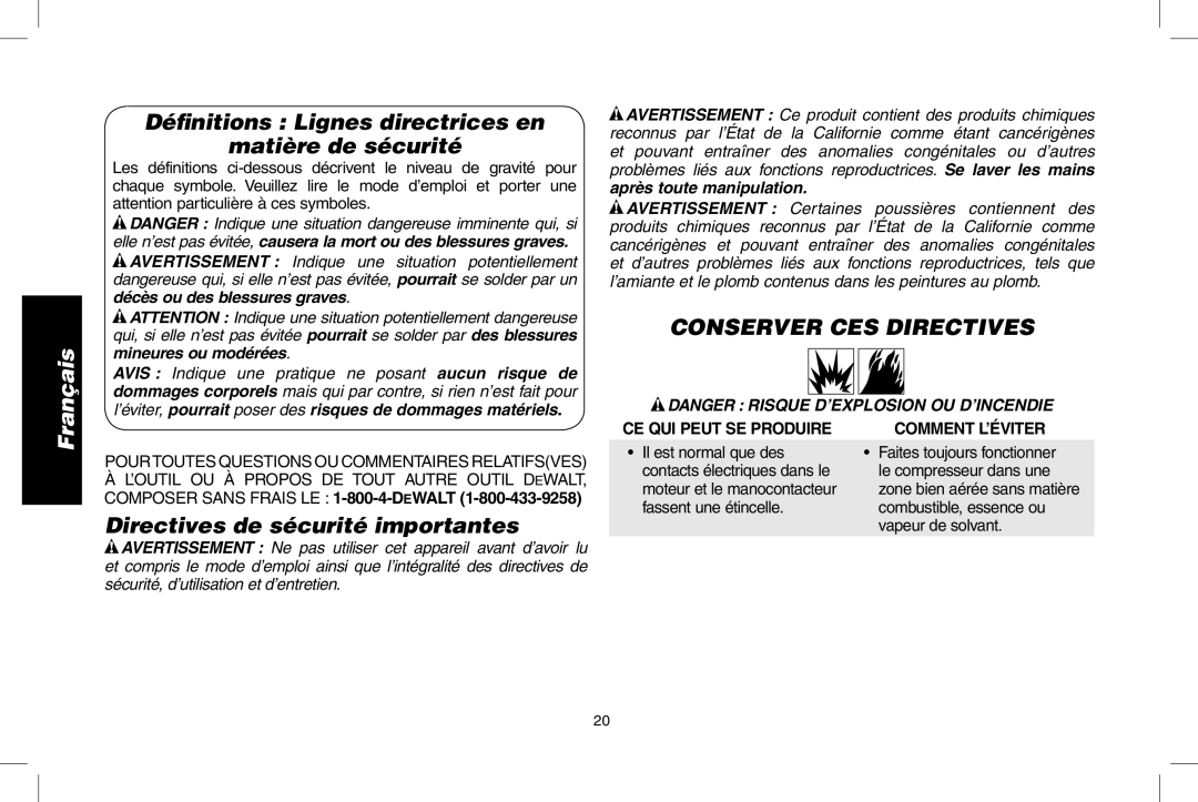 DeWalt D55167 Définitions Lignes directrices en Matière de sécurité, Conserver ces directives, Après toute manipulation 