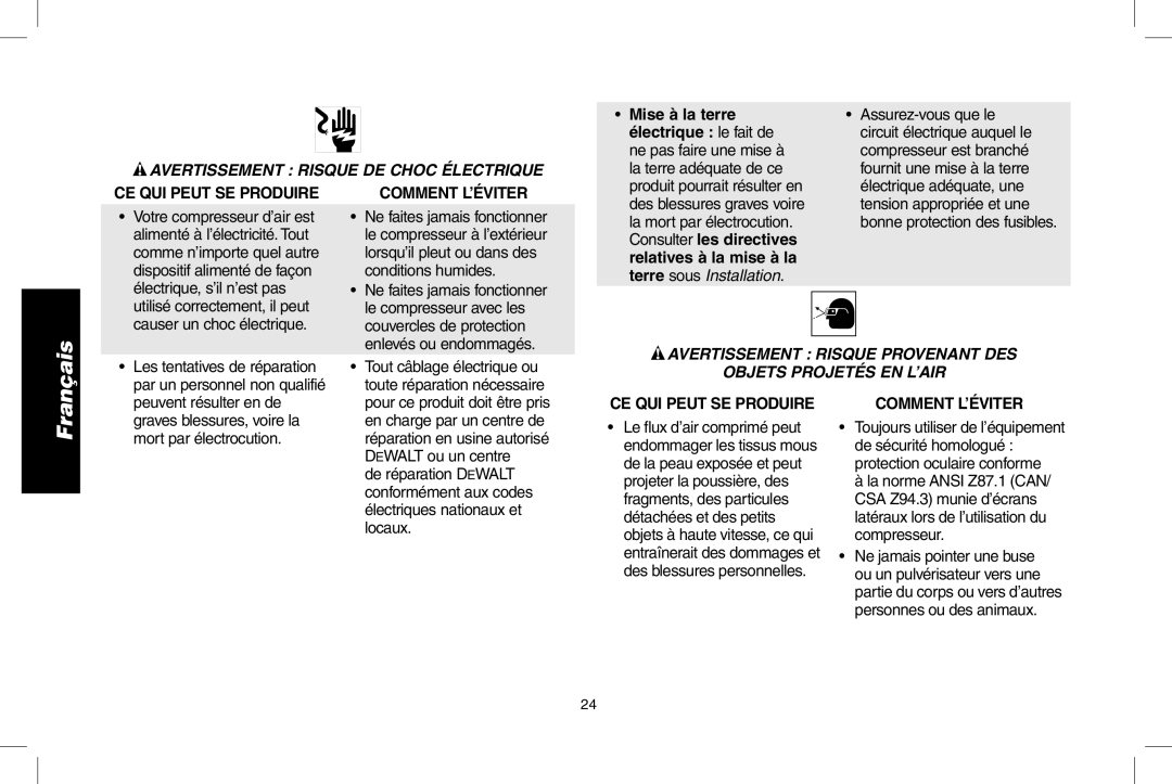 DeWalt D55167 Avertissement risque de choc Électrique, Avertissement risque provenant des Objets projetÉs en l’air 