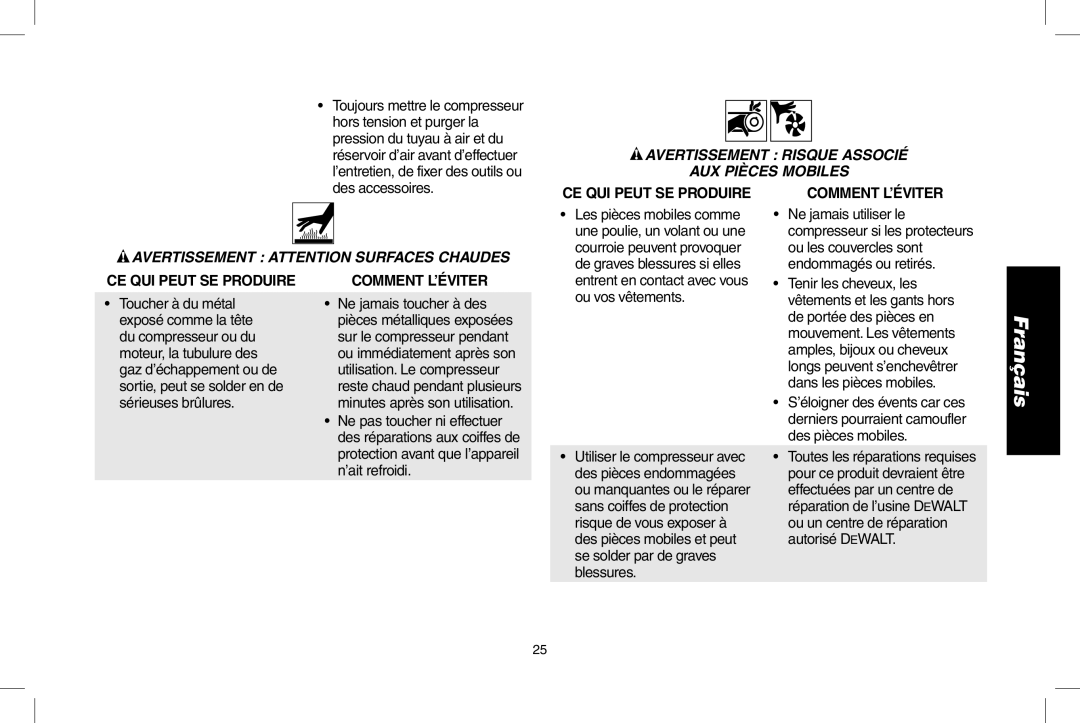 DeWalt D55167 instruction manual Avertissement risque associÉ Aux piÈces mobiles, Avertissement attention surfaces chaudes 