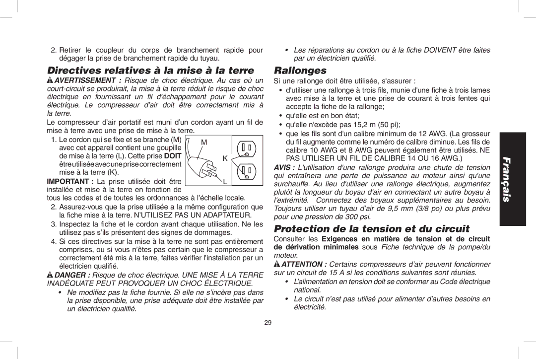 DeWalt D55167 Directives relatives à la mise à la terre, Rallonges, Protection de la tension et du circuit 