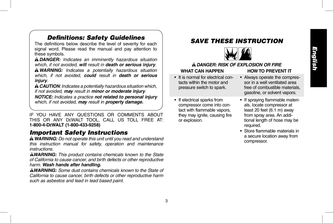 DeWalt D55167 Definitions Safety Guidelines, Save these instruction, Important Safety Instructions, DeWALT 