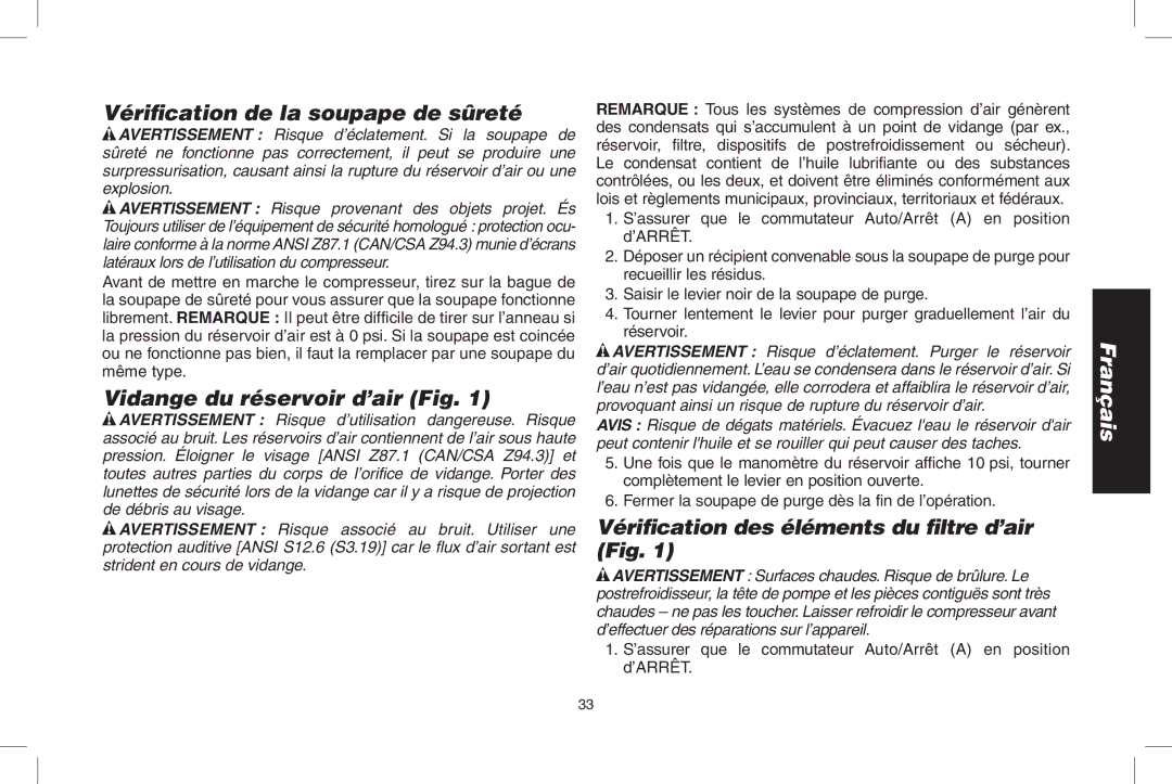 DeWalt D55167 instruction manual Vérification de la soupape de sûreté, Vidange du réservoir d’air Fig 