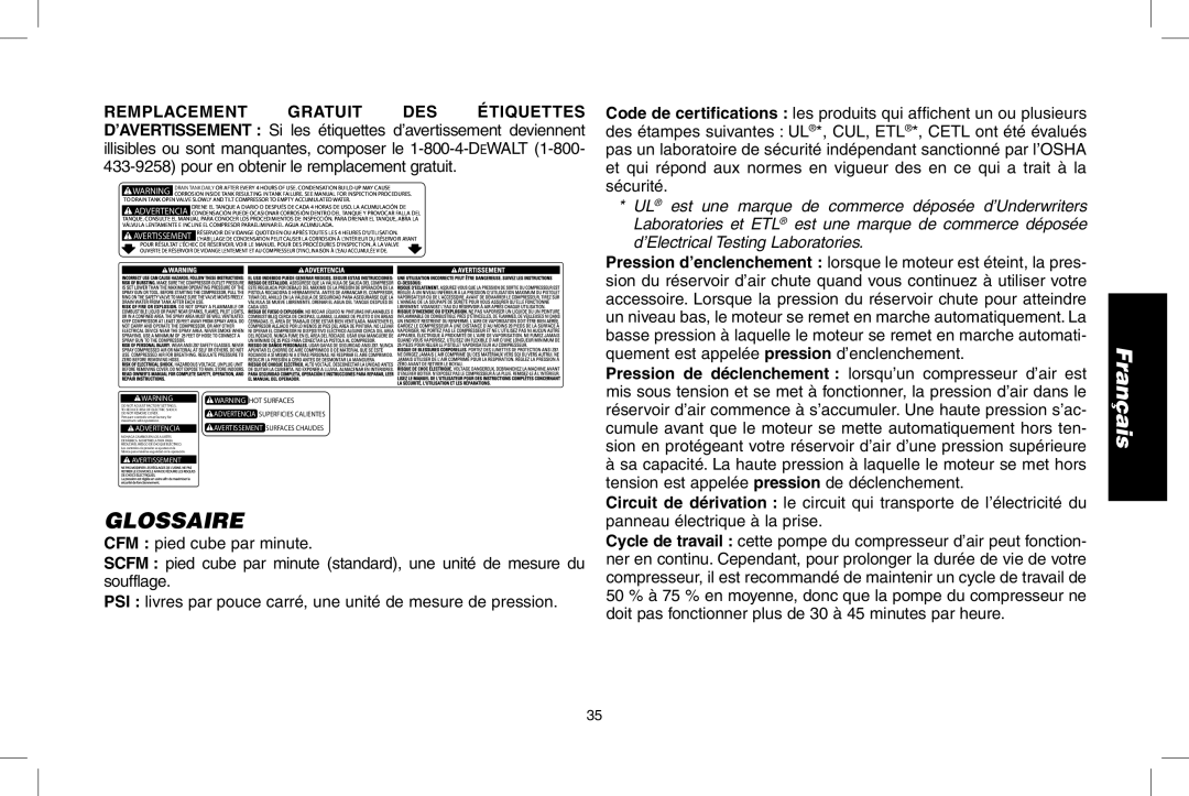 DeWalt D55167 instruction manual Glossaire, Remplacement Gratuit DES Étiquettes 