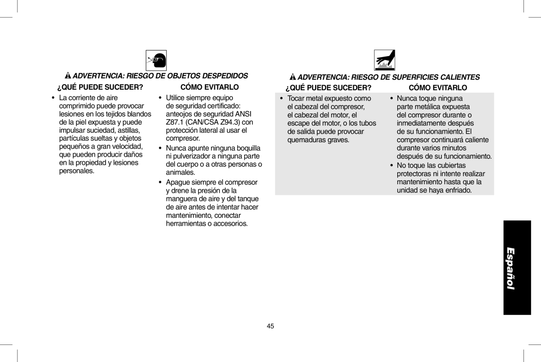 DeWalt D55167 instruction manual Advertencia Riesgo de objetos despedidos, Advertencia Riesgo DE superficies calientes 