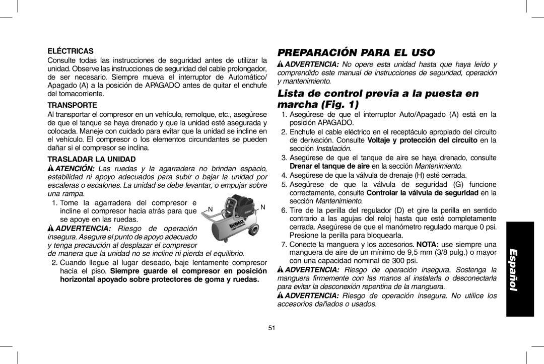 DeWalt D55167 Preparación para el uso, Lista de control previa a la puesta en marcha Fig, Advertencia Riesgo 