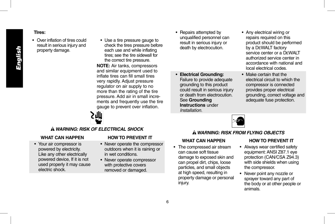 DeWalt D55167 instruction manual TIres, Electrical Grounding, See Grounding, Instructions under 
